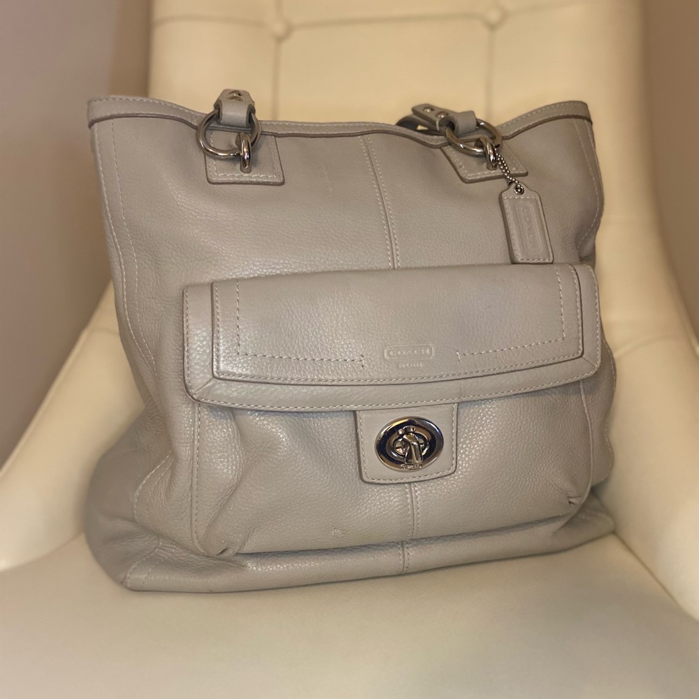 Coach light grey double handle purse with silver accents